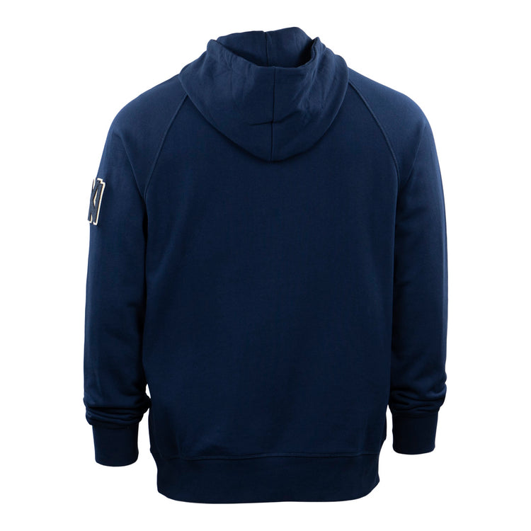 The EFF Brooklyn Eagles French Terry Script Hooded Sweatshirt, shown in navy blue, features a hood, long sleeves with ribbed cuffs, and a small Brooklyn Eagles patch on the upper left sleeve.