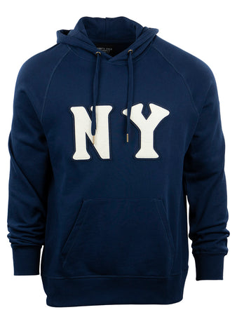 The EFF New York Black Yankees French Terry Script Hooded Sweatshirt in navy features large white NY script, a front pouch pocket, and a drawstring hood, inspired by the Negro National League team.