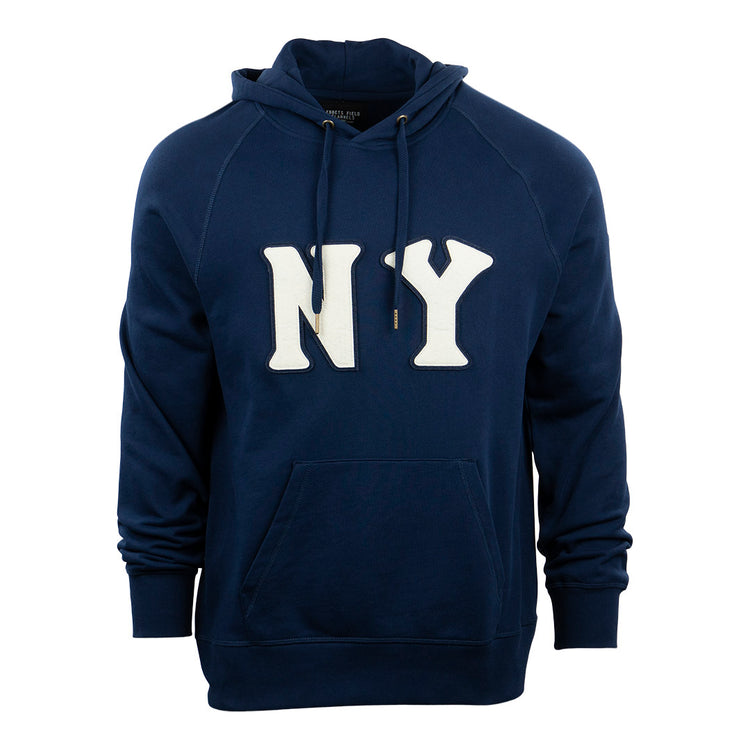 The EFF New York Black Yankees French Terry Script Hooded Sweatshirt in navy features large white NY script, a front pouch pocket, and a drawstring hood, inspired by the Negro National League team.