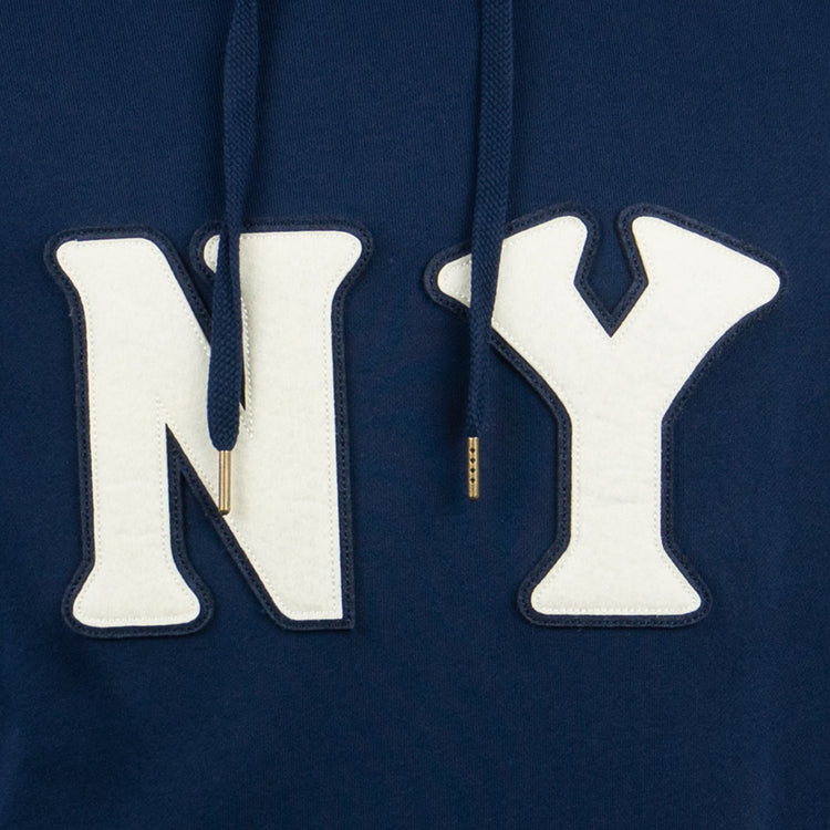 Close-up of the EFF New York Black Yankees French Terry Script Hooded Sweatshirt in navy, featuring bold white stitched NY letters on the front and gold-tipped drawstrings, inspired by the Negro National League team.