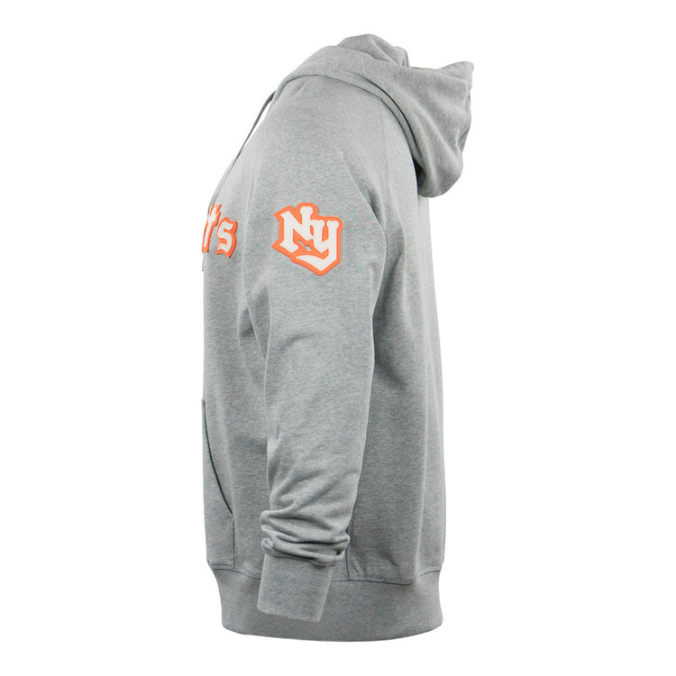 Side view of the EFF New York Knights French Terry Script Hooded Sweatshirt in gray, featuring orange and white lettering on the chest and sleeve, and a stylized NY on the upper arm—a tribute to Roy Hobbs from The Natural.