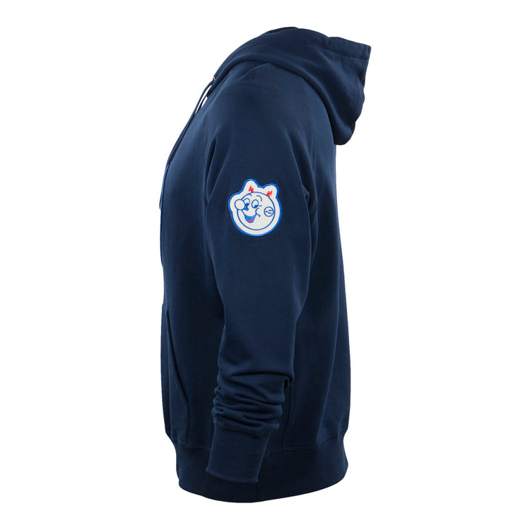 The EFF Reddy Kilowatt French Terry Script Hooded Sweatshirt in navy blue features a cartoon cat face patch with red and blue accents on the upper sleeve, inspired by vintage electric power mascots like Reddy Kilowatt.
