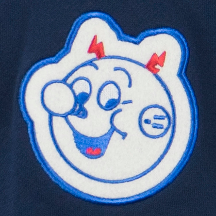 The EFF Reddy Kilowatt French Terry Script Hooded Sweatshirt in navy blue features the iconic smiling Reddy Kilowatt cartoon with blue outlines, red lightning bolts, and a big nose, symbolizing electric power on a dark background.
