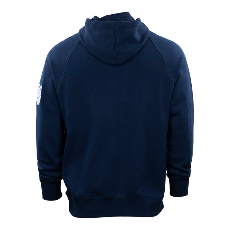 The EFF Reddy Kilowatt French Terry Script Hooded Sweatshirt in navy blue is shown from the back, featuring long sleeves, ribbed cuffs and hem, and a small Reddy Kilowatt patch on the upper left sleeve.