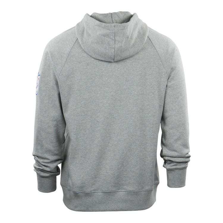 The EFF Reddy Kilowatt French Terry Script Hooded Sweatshirt in gray features long sleeves, ribbed cuffs and hem—perfect for fans of Reddy Kilowatt and safe electricity advocates.