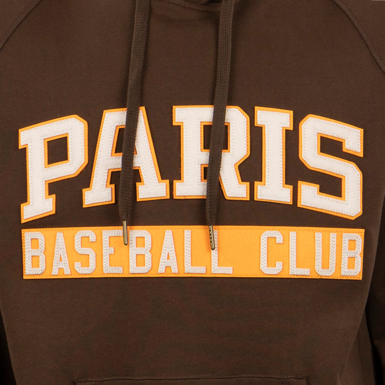 Close-up of the Paris Red Peppers French Terry Script Hooded Sweatshirt by EFF, featuring bold white and yellow PARIS BASEBALL CLUB lettering across the chest, inspired by vintage St. Louis Browns style.