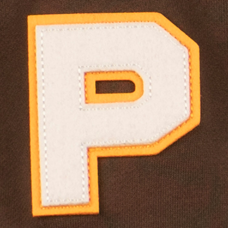 The EFF Paris Red Peppers French Terry Script Hooded Sweatshirt features a large white letter P patch with an orange border sewn onto dark brown fabric, evoking vintage baseball style.