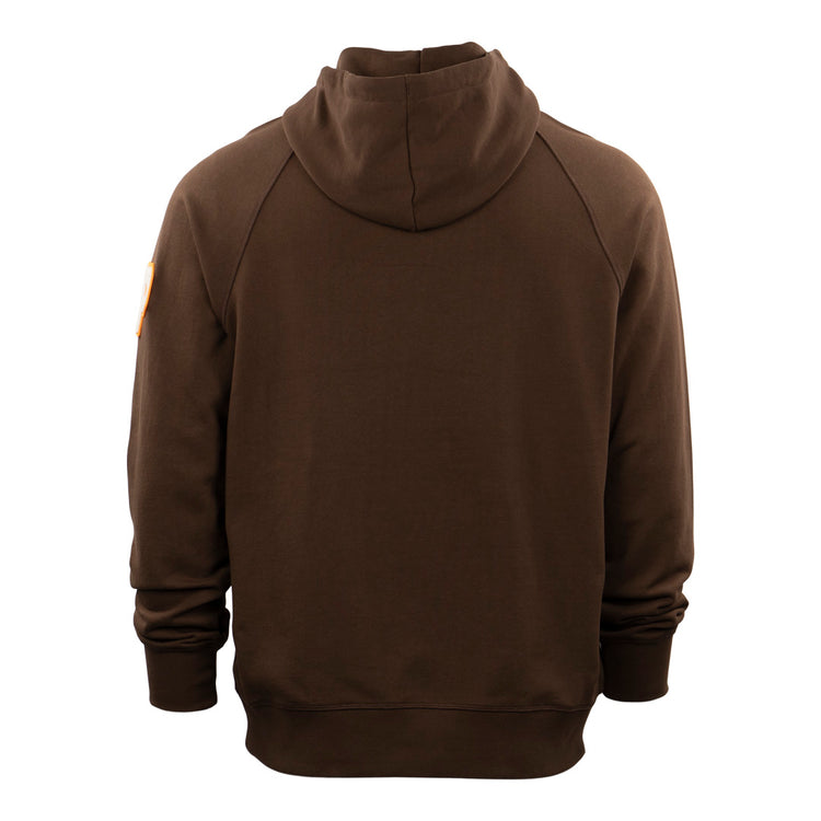 The EFF Paris Red Peppers French Terry Script Hooded Sweatshirt features a plain brown design with long sleeves and a small orange patch on the upper left sleeve, offering subtle, Paris Texas-inspired style.