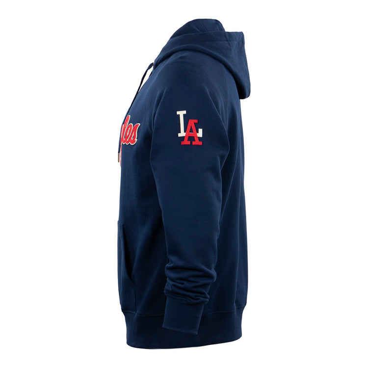 The EFF Los Angeles (PCL) French Terry Script Hooded Sweatshirt in navy features a side view, front pocket, white drawstrings, and LA in red and white on the sleeve—honoring the Angels’ 1942 PCL playoffs era.