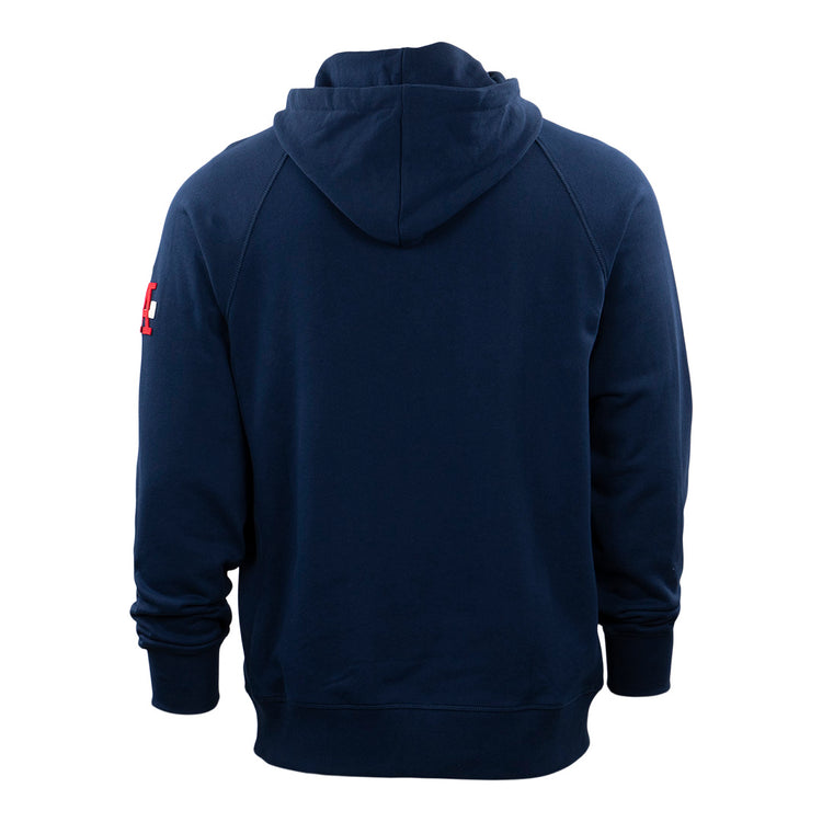 The EFF Los Angeles (PCL) French Terry Script Hooded Sweatshirt in navy features a small red and white left sleeve patch honoring the 1942 PCL playoffs and Angels Eddie Waitkus, finished with long sleeves, ribbed cuffs, and hem.