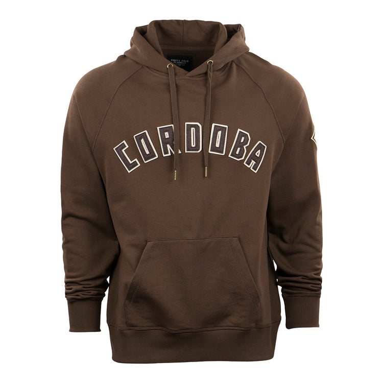 The EFF Cordoba Cafeteros French Terry Script Hooded Sweatshirt is a brown hoodie with CORDOBA in large white letters, inspired by Mexican baseball. Features a front kangaroo pocket and drawstrings.