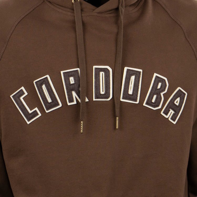 The EFF Cordoba Cafeteros French Terry Script Hooded Sweatshirt features bold, white and black outlined CORDOBA lettering across the chest—honoring legendary Mexican baseball figure Jorge Pasquel.