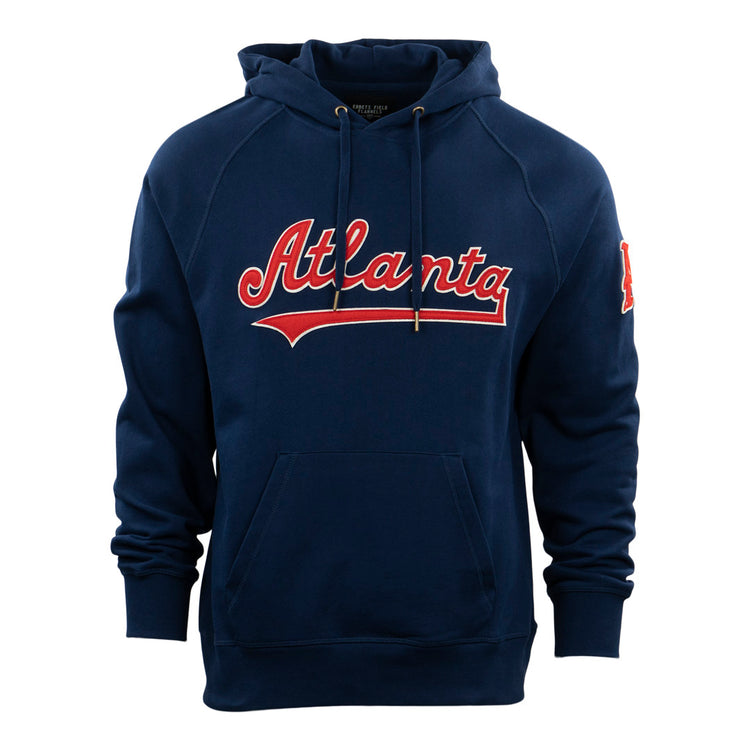 The EFF Atlanta Crackers French Terry Script Hooded Sweatshirt features red and white script across the chest, inspired by the Southern Association era, in navy blue with a front kangaroo pocket.