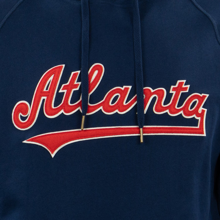 A close-up of the EFF Atlanta Crackers French Terry Script Hooded Sweatshirt, featuring Atlanta in bold red and white script on navy, with metal-tipped drawstrings—paying tribute to the Southern Association’s iconic team.