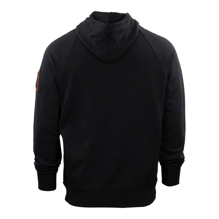 The EFF Montreal Black Panthers French Terry Script Hooded Sweatshirt is black with long sleeves, ribbed cuffs, and a Quebec Provincial League patch on the upper left sleeve.