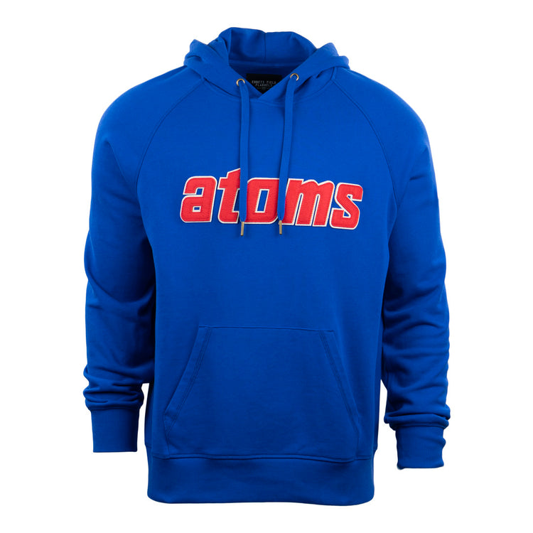 The EFF Sankei Atoms French Terry Script Hooded Sweatshirt features bright blue fabric, a front pocket, drawstrings, and bold red and white atoms lettering—channeling Japan’s Central League style.