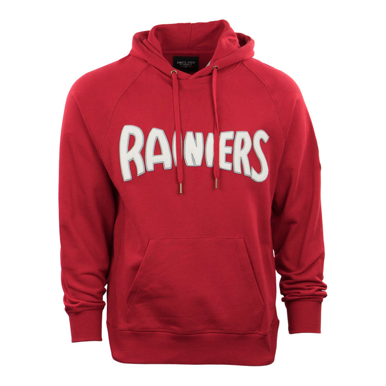 The EFF Seattle Rainiers French Terry Script Hooded Sweatshirt features a front pocket and bold white RAINIERS lettering—a stylish nod to the classic baseball era.