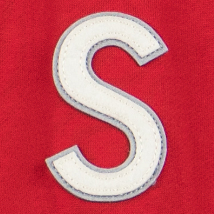 A large white letter S with a gray outline is sewn onto the red French Terry Script Hooded Sweatshirt by EFF, evoking the classic Seattle Rainiers uniforms once seen at Sicks Stadium.
