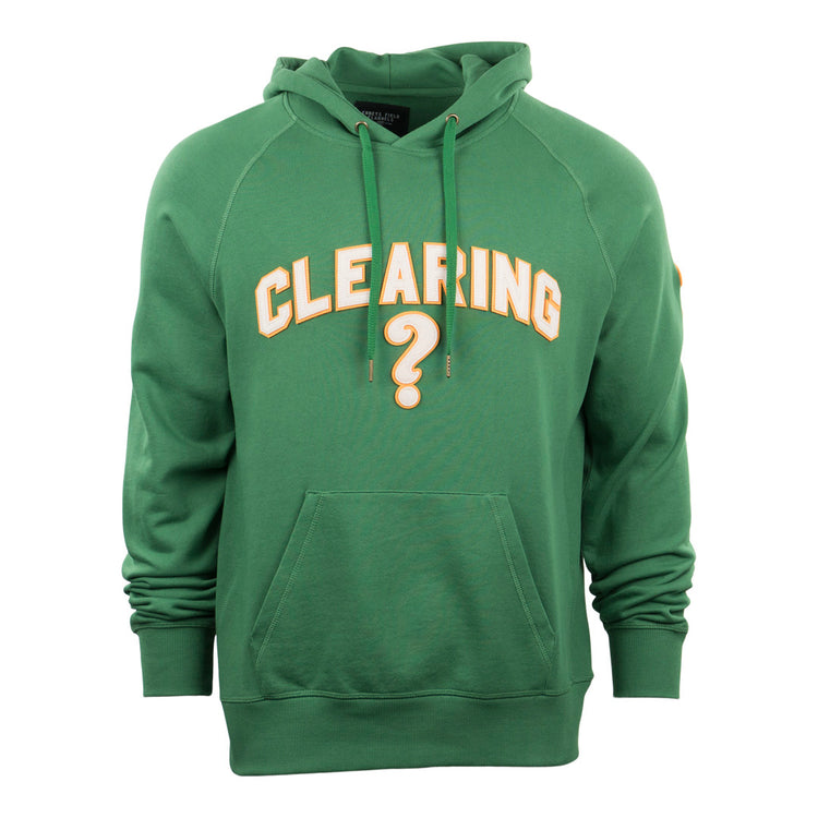 The Clearing Question Marks French Terry Script Hooded Sweatshirt by EFF is a green hoodie with a front pocket, hood, “CLEARING” in bold yellow and white letters across the chest, and a large yellow question mark below.