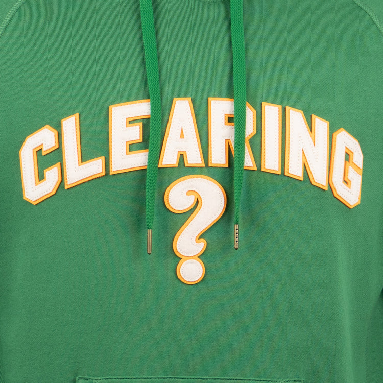 The EFF Clearing Question Marks French Terry Script Hooded Sweatshirt features CLEARING in white and yellow outlined letters across the chest and a large question mark below. Only the upper part of the hoodie is visible.