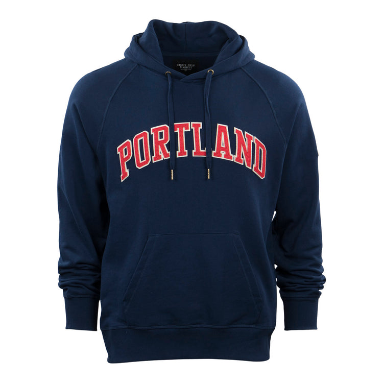 The EFF Portland Beavers French Terry Script Hooded Sweatshirt is a navy blue hoodie with a front pocket and bold PORTLAND lettering, honoring the legacy of the Portland Beavers in Pacific Coast League history.