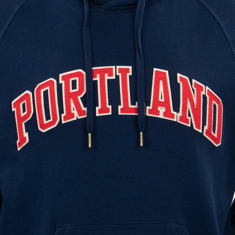 The EFF Portland Beavers French Terry Script Hooded Sweatshirt features bold red and white PORTLAND lettering across the chest and classic hood with two drawstrings, celebrating the Pacific Coast League team.