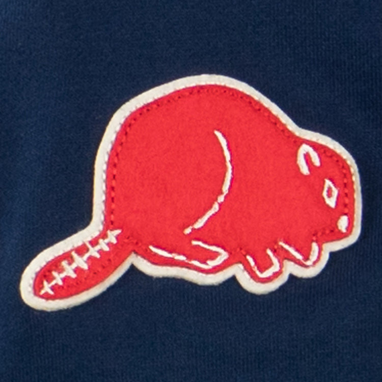 The EFF Portland Beavers French Terry Script Hooded Sweatshirt features a red beaver patch with white outlines, inspired by the Portland Beavers and Pacific Coast League, sewn onto dark blue fabric.