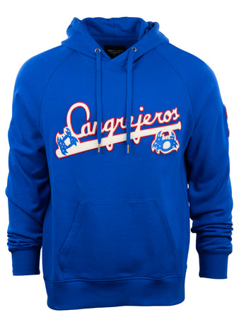The EFF Santurce Cangrejeros French Terry Script Hooded Sweatshirt in royal blue features Cangrejeros in red and white script, crab and telephone graphics, a front pocket, and honors the legendary Puerto Rican League.