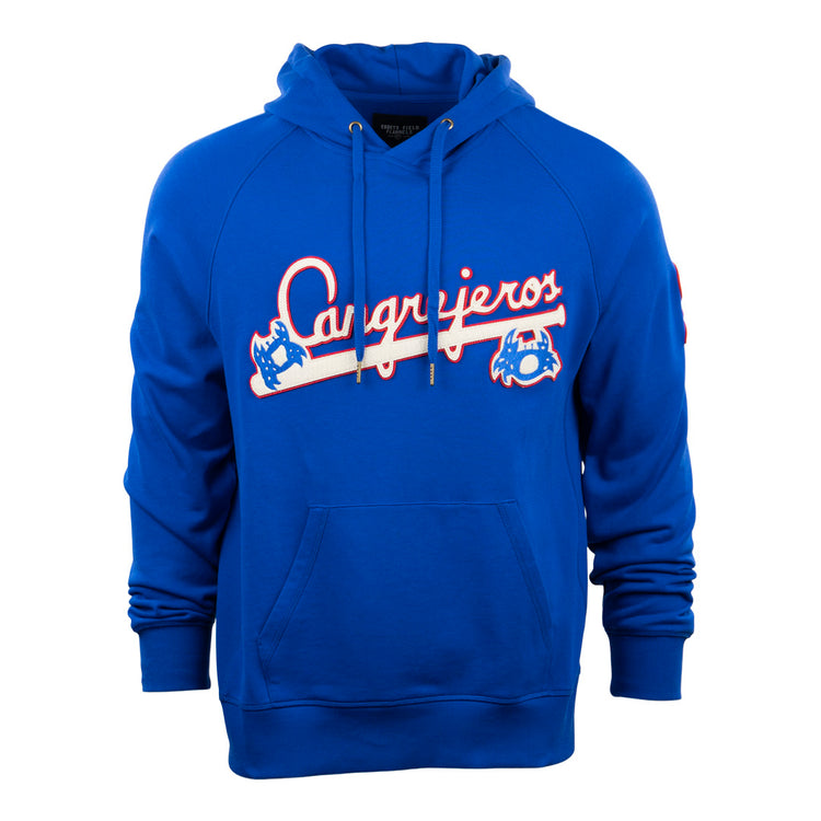The EFF Santurce Cangrejeros French Terry Script Hooded Sweatshirt in royal blue features Cangrejeros in red and white script, crab and telephone graphics, a front pocket, and honors the legendary Puerto Rican League.