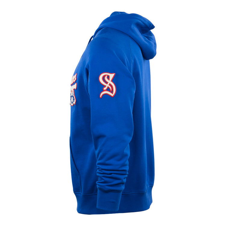 The EFF Santurce Cangrejeros French Terry Script Hooded Sweatshirt in royal blue is shown from the side, with a red and white embroidered logo on the upper arm and a partial front pocket visible.