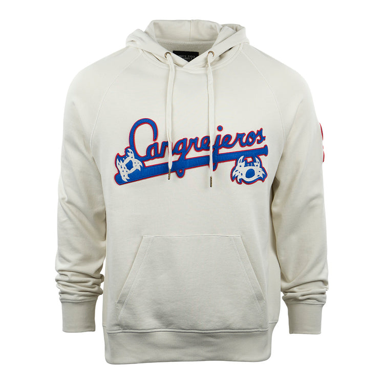 The EFF Santurce Cangrejeros French Terry Script Hooded Sweatshirt in natural features a front pocket, Cangrejeros in blue and red script across the chest, and Puerto Rican League-inspired bat and glove graphics.