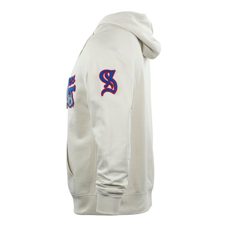 Side view of the EFF Santurce Cangrejeros French Terry Script Hooded Sweatshirt in natural, featuring a front pocket, blue and red S patch on the sleeve, and graphic back text inspired by Puerto Rican League legends like Roberto Clemente.