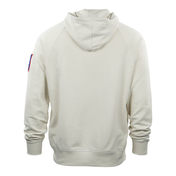 The EFF Santurce Cangrejeros French Terry Script Hooded Sweatshirt in Natural features a relaxed fit, long sleeves, ribbed cuffs and hem, and a small colorful Puerto Rican League patch on the upper left arm. Back view shown.