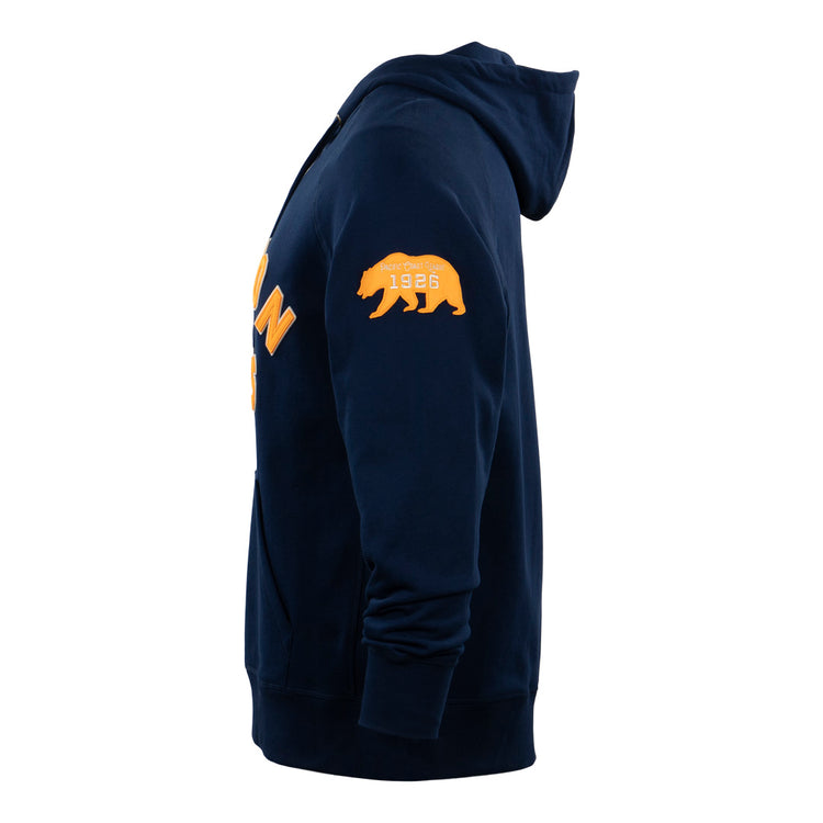 The EFF Mission Bears French Terry Script Hooded Sweatshirt in navy features a yellow Mission Bears graphic and 1868 on the upper arm, with yellow script partially visible on the chest. Shown from the side.