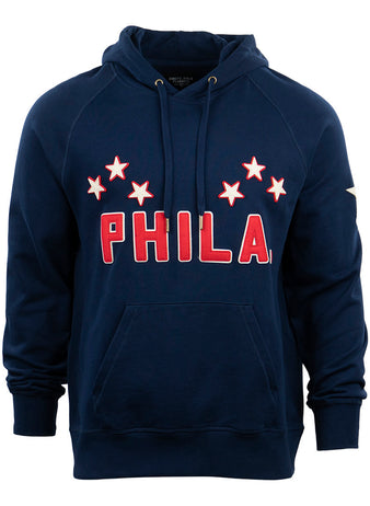 The EFF Philadelphia Stars French Terry Script Hooded Sweatshirt features PHILA in bold red letters, five NNL-inspired white stars above, a navy blue color, and a front pouch pocket.