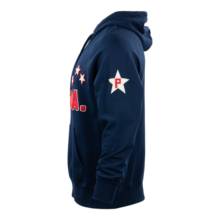 The EFF Philadelphia Stars French Terry Script Hooded Sweatshirt in navy, inspired by Ed Bolden’s Hilldale Club and NNL wins, features red and white stars, a P on the sleeve, front pocket, ribbed cuffs, and hem.