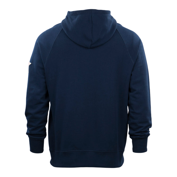 The EFF Philadelphia Stars French Terry Script Hooded Sweatshirt is shown from the back in navy, featuring long sleeves, ribbed cuffs, a relaxed fit, and an upturned hood with no visible logos or designs on the back.