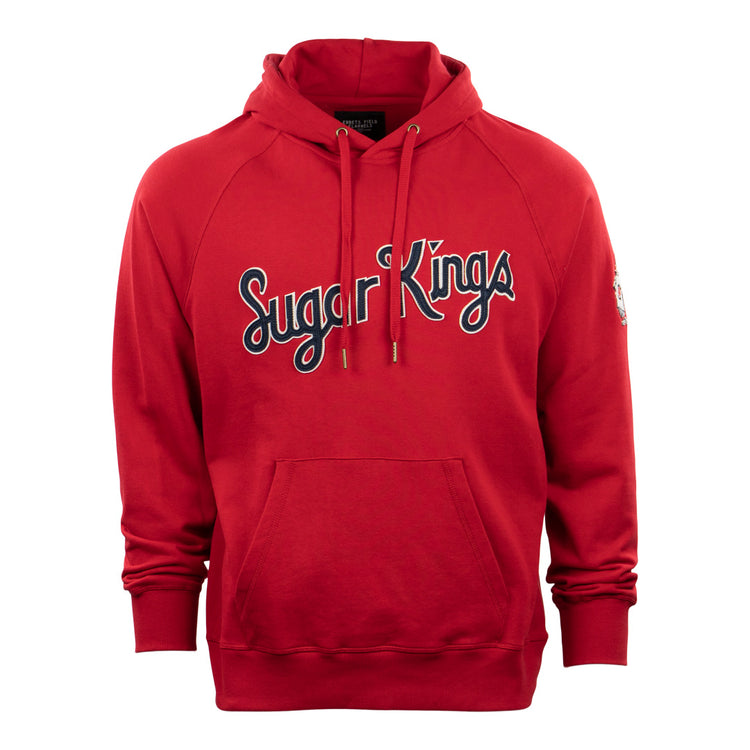 The EFF Havana Sugar Kings French Terry Script Hooded Sweatshirt is red with Sugar Kings in white and blue script on the chest, honoring Havana baseball. It includes a front pocket, drawstrings, and a left sleeve patch.