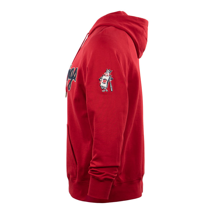 The EFF Havana Sugar Kings French Terry Script Hooded Sweatshirt in red is shown from the side, featuring a king cartoon graphic on the sleeve and partially visible black “Havana” baseball script with a crown on the front.