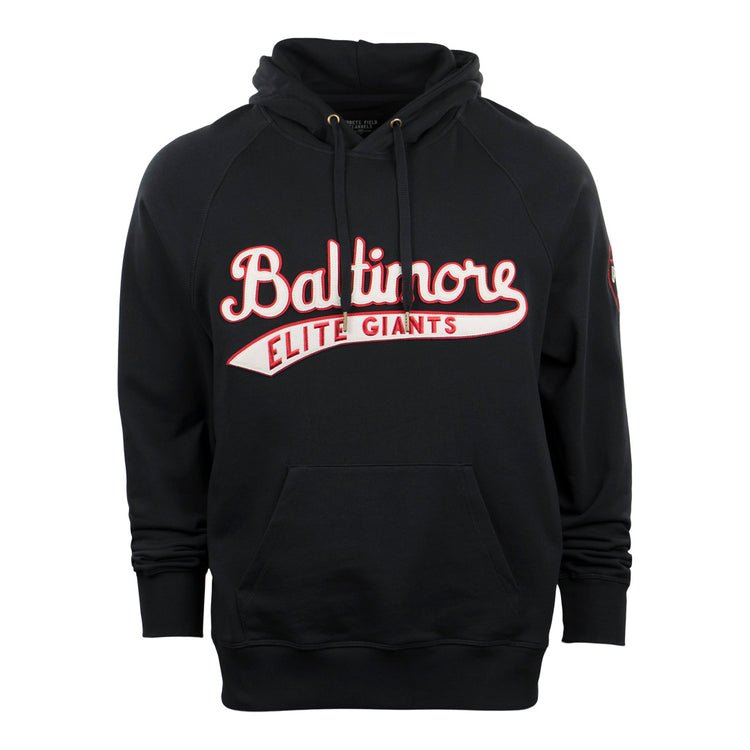 The EFF Baltimore Elite Giants French Terry Script Hooded Sweatshirt features Baltimore Elite Giants in red and white script across the chest, honoring Jim Gilliam and the 1949 team, with a front kangaroo pocket.