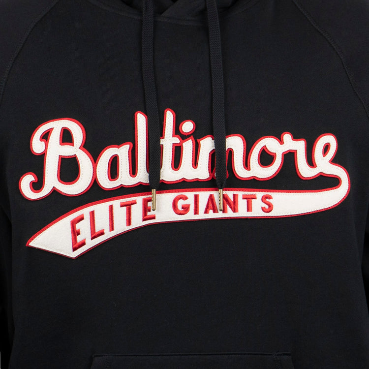 The EFF Baltimore Elite Giants French Terry Script Hooded Sweatshirt features Baltimore in bold script and Elite Giants below, honoring the 1949 team and legendary Jim Gilliam.