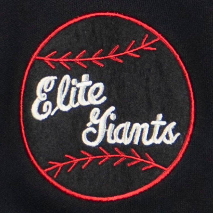 The EFF Baltimore Elite Giants French Terry Script Hooded Sweatshirt features a circular logo with red stitching and “Elite Giants” in white script on black, inspired by the 1949 era with Jim Gilliam before he joined the Brooklyn Dodgers.