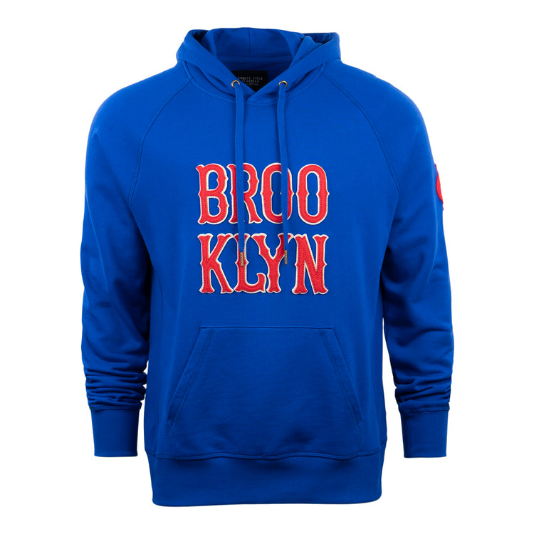 EFF’s Brooklyn Royal Giants French Terry Script Hooded Sweatshirt in blue features red and white BROOKLYN lettering on the chest, a front pocket, drawstrings, and is crafted from soft heavyweight cotton for comfort.