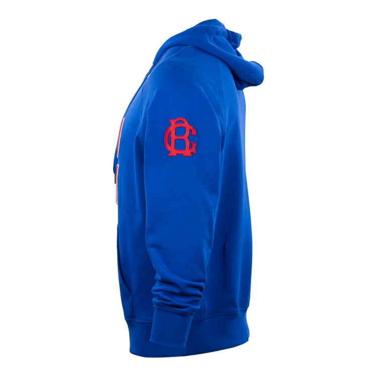 EFF Brooklyn Royal Giants French Terry Script Hooded Sweatshirt in bright blue, shown from the side with hood up, features a red embroidered logo on the upper sleeve and a front pocket. No person is visible.