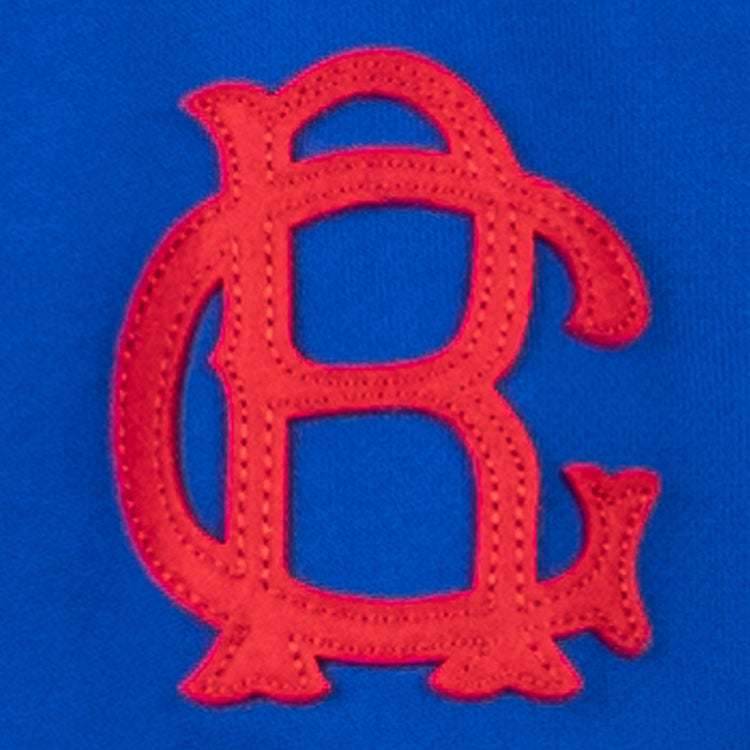 The EFF Brooklyn Royal Giants French Terry Script Hooded Sweatshirt features a red, stitched letter B on royal blue textured fabric, showcasing its premium design.