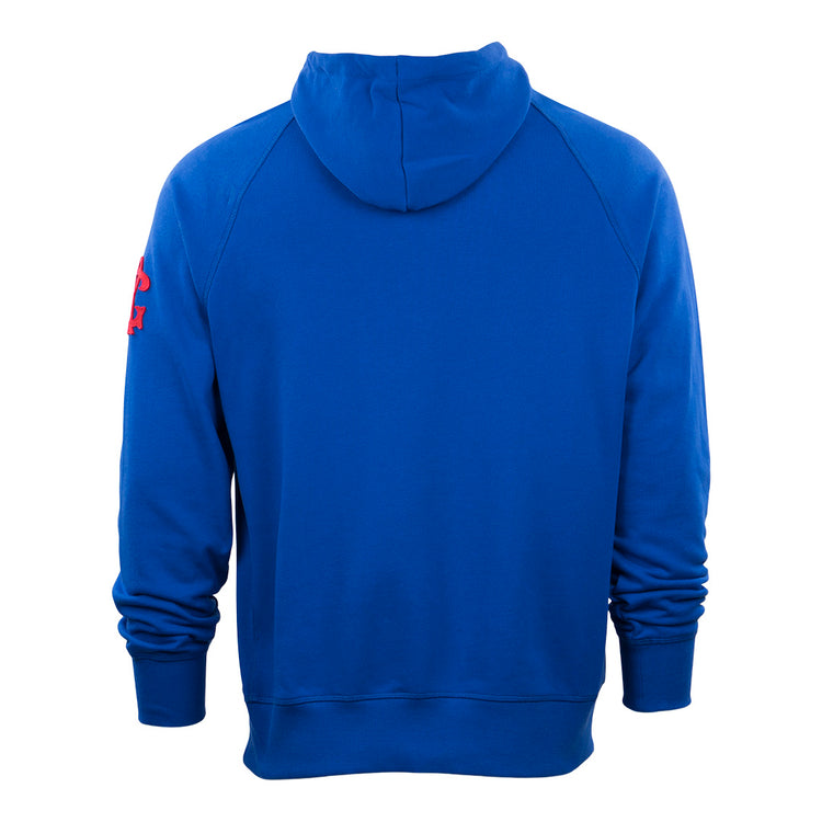 The EFF Brooklyn Royal Giants French Terry Script Hooded Sweatshirt is shown from the back in royal blue, with long sleeves, a relaxed fit, and a red logo detail on the right sleeve.