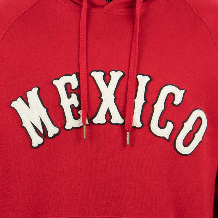 The EFF Mexico City Red Devils French Terry Script Hooded Sweatshirt features bold white MEXICO lettering outlined in black on a red hoodie, with gold-tipped red drawstrings—a perfect choice for Mexican baseball fans.