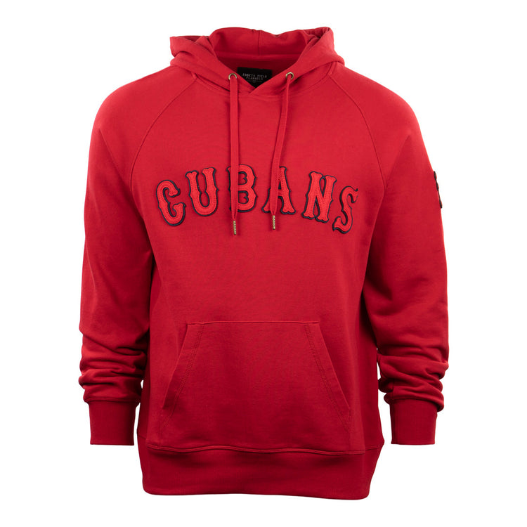 The EFF New York Cubans French Terry Script Hooded Sweatshirt features a red design with a front pocket and “CUBANS” boldly embroidered across the chest, honoring the legendary Negro National League baseball team.