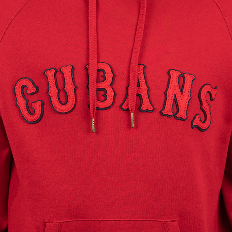 A close-up of the EFF New York Cubans French Terry Script Hooded Sweatshirt, featuring bold CUBANS lettering across the chest that honors the historic Negro National League team, with two drawstrings hanging down the front.