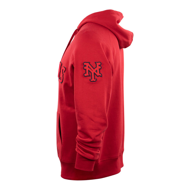 The EFF New York Cubans French Terry Script Hooded Sweatshirt is red with a front pocket, NY patch on the left sleeve, and partial Negro National League-inspired text on the chest. Shown from a side view.